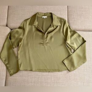 Pleione Olive Satin Long-Sleeve Polo Top